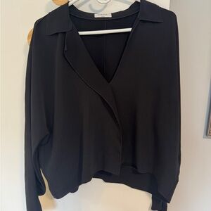 Babaton Black V-Neck Collared Draped Blouse